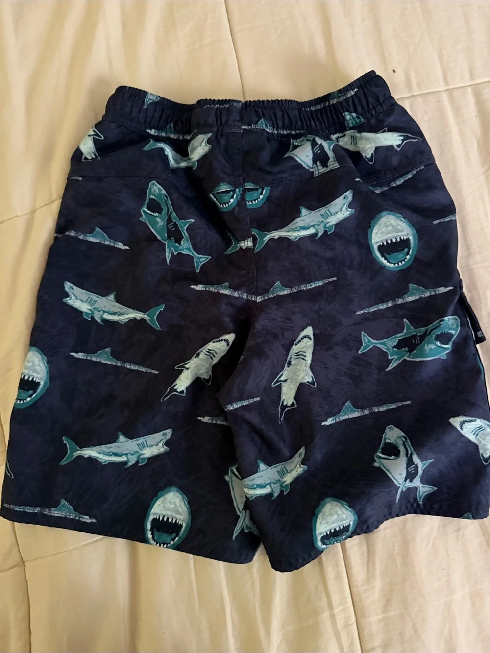 L.L. Bean Navy Blue Kids Swim Trunks with Teal Shark Print